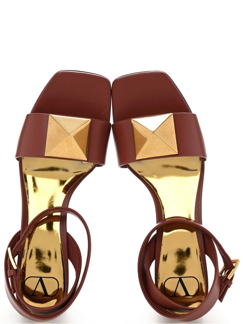 Valentino Garavani Brown Leather Gold-Stud Ankle Strap Sandals Size 38